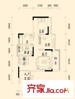 鼎浩城1棟06戶型 2室2廳1衛(wèi)1廚