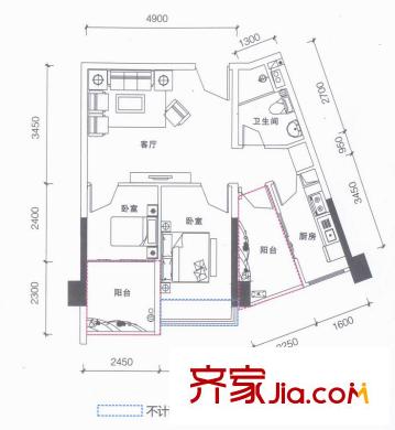 鵬達御西湖悅居4號樓D戶型 2室1廳1衛(wèi)1廚