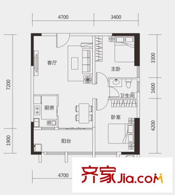 大隆財(cái)富廣場(chǎng)B2戶(hù)型 2室2廳1衛(wèi)1廚