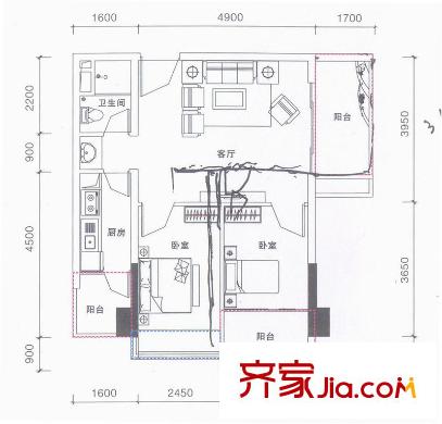鵬達御西湖悅居3號樓F戶型 2室2廳1衛(wèi)1廚