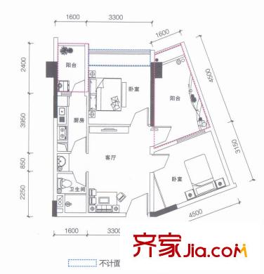 鵬達御西湖悅居4號樓C戶型 2室1廳1衛(wèi)1廚