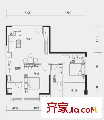 大隆財(cái)富廣場(chǎng)B1戶(hù)型 2室2廳1衛(wèi)1廚