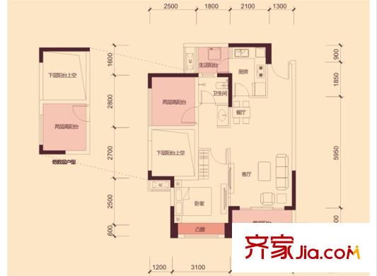 花樣年別樣城57棟01、02戶型 1室2廳1衛(wèi)1廚