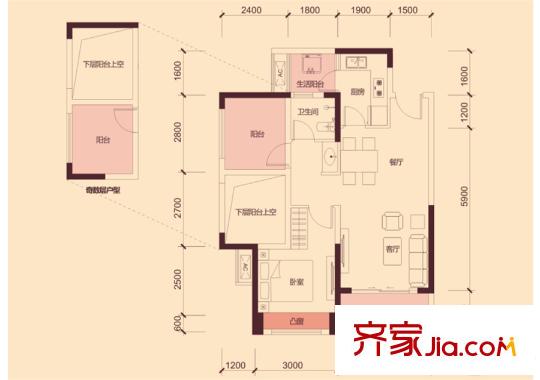 花樣年別樣城58棟01、02戶型 1室2廳1衛(wèi)1廚