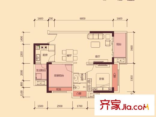 花樣年別樣城五期49棟01戶型 1室2廳1衛(wèi)1廚