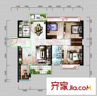 中央御園二期二期6-9棟B戶型 4室2廳2衛(wèi)1廚