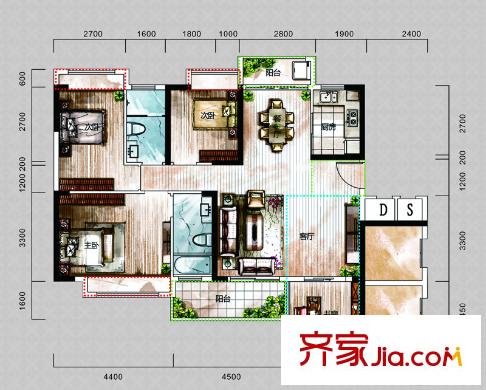 中央御園二期二期5-10棟A戶型 4室2廳2衛(wèi)1廚