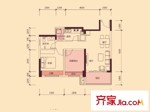 花樣年別樣城五期49棟02戶型 1室2廳1衛(wèi)1廚