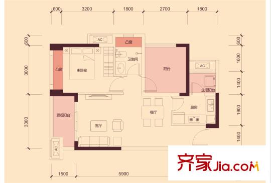 花樣年別樣城56棟02、03戶型 1室2廳1衛(wèi)1廚
