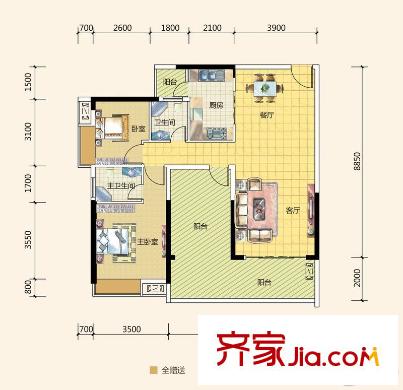 盈潤國際花園3棟01/02戶型 2室2廳2衛(wèi)1廚