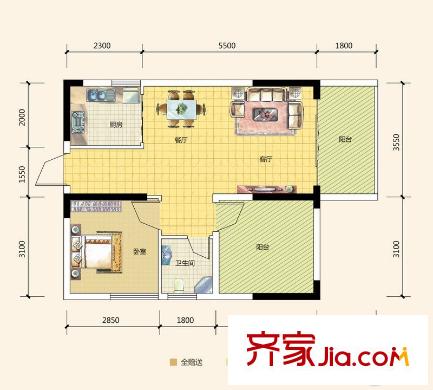 盈潤(rùn)國(guó)際花園2棟05戶型 1室2廳1衛(wèi)1廚
