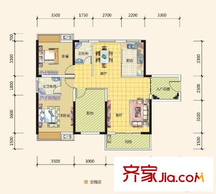 盈潤國際花園3棟1單元03/2單元06戶型 2室2廳2衛(wèi)1廚