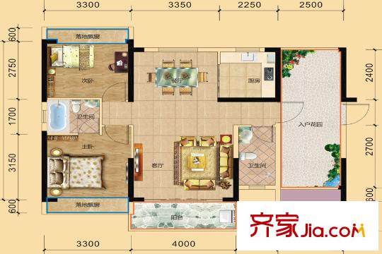 金溪灣2/3/4/6/7#標準層A戶型 2室2廳2衛(wèi)1廚