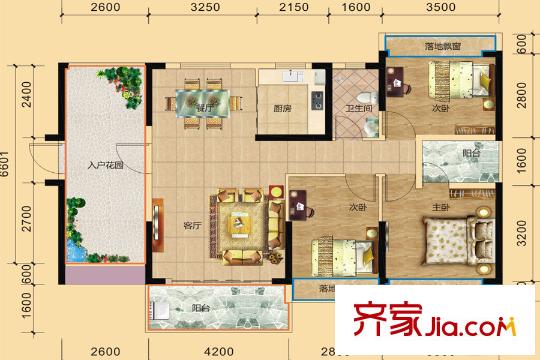 金溪灣1#標準層F2戶型 3室2廳1衛(wèi)1廚