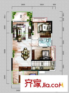 中央御園二期二期5-10棟C戶型 3室2廳2衛(wèi)1廚