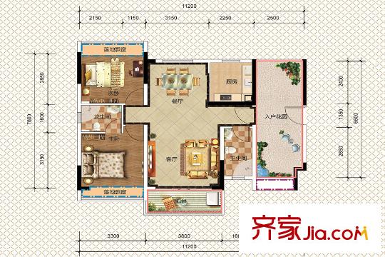 夏日南庭二期7棟1單元02號房、2單元03號房M1戶型 2室2廳2衛(wèi)1廚