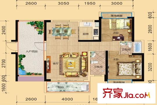 金溪灣6/7#標準層G戶型 2室2廳2衛(wèi)1廚