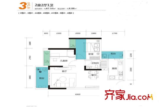 陽光新苑2/3/5棟C戶型、4A/4B/4C棟B戶型 2室2廳1衛(wèi)1廚