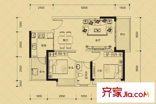 盛薈花園1、2棟E戶型 2室2廳1衛(wèi)1廚