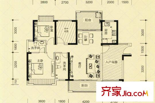 盛薈花園7/8棟C2戶型 2室2廳1衛(wèi)1廚