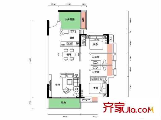 錦地繁花13/14/15/16棟 01/02號戶型 2室2廳2衛(wèi)1廚