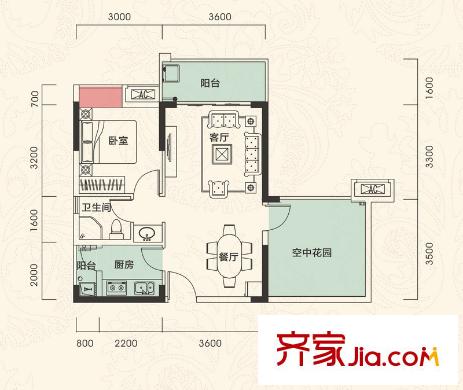 錦地繁花A1戶型 1室2廳1衛(wèi)1廚