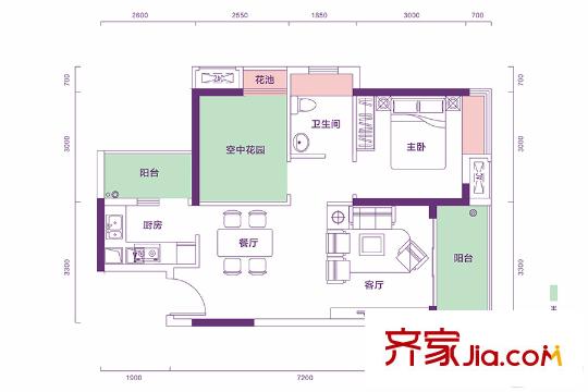 錦地繁花12棟04戶型 1室2廳1衛(wèi)1廚