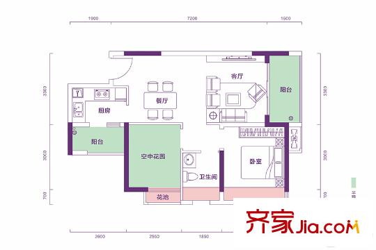 錦地繁花12棟05戶型 1室2廳1衛(wèi)1廚
