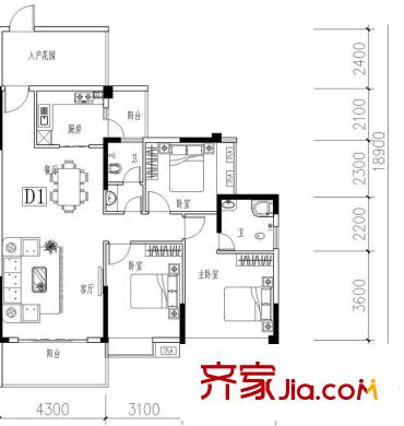 福田山水華章1-3/44-47棟d1戶型 3室2廳2衛(wèi)1廚