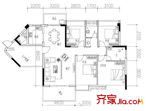 福田山水華章1-3/44-47棟d4戶型 4室2廳2衛(wèi)1廚