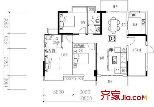福田山水華章1-3/44-47棟d3戶型 3室2廳2衛(wèi)1廚