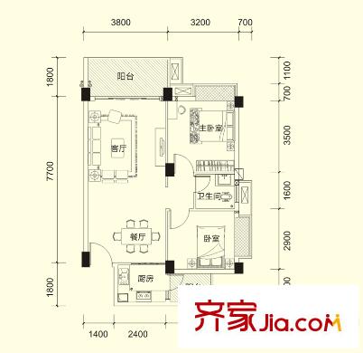 宏新?蜜糖小城一期C1戶型 2室2廳1衛(wèi)1廚