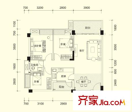 宏新?蜜糖小城一期D1戶型 3室2廳1衛(wèi)1廚