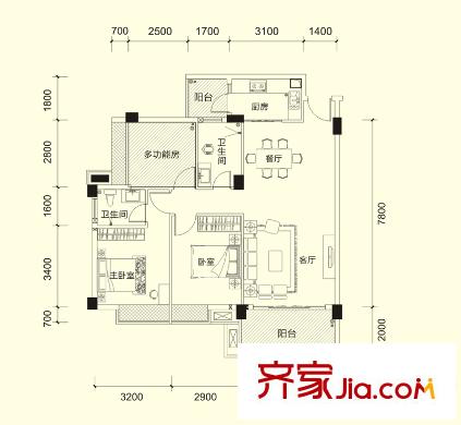 宏新?蜜糖小城一期E1戶型 2室2廳2衛(wèi)1廚