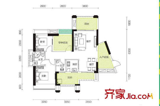 凱悅春天2棟1單元01/2單元04戶型 3室2廳2衛(wèi)1廚