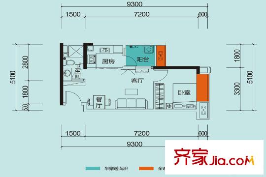 天健陽光花園1棟(2-17層）01/06戶型 1室2廳1衛(wèi)1廚