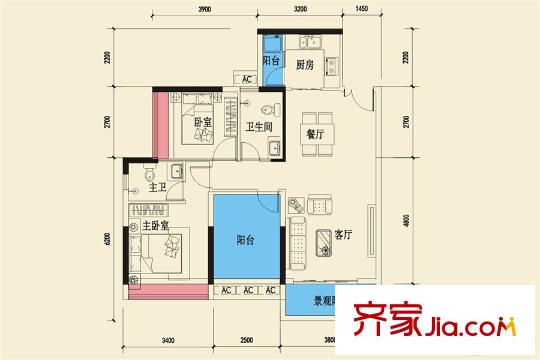 中萃1829一期1-4棟A戶型 3室2廳2衛(wèi)1廚