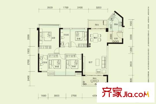 翡翠香緹1棟C戶型 3室2廳2衛(wèi)1廚