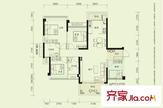翡翠香緹2/3棟1/2單元B戶型 3室2廳1衛(wèi)1廚