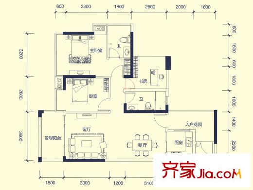 德威朗琴灣10棟、11棟E1戶型 3室2廳2衛(wèi)1廚