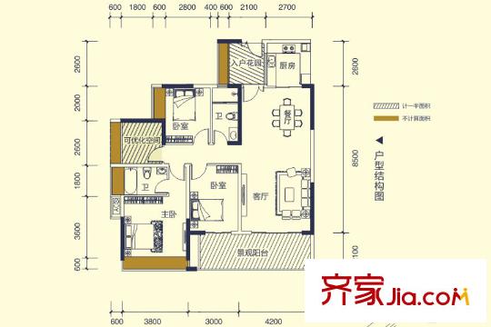 德威朗琴灣7、8、9棟B1戶型 3室2廳2衛(wèi)1廚