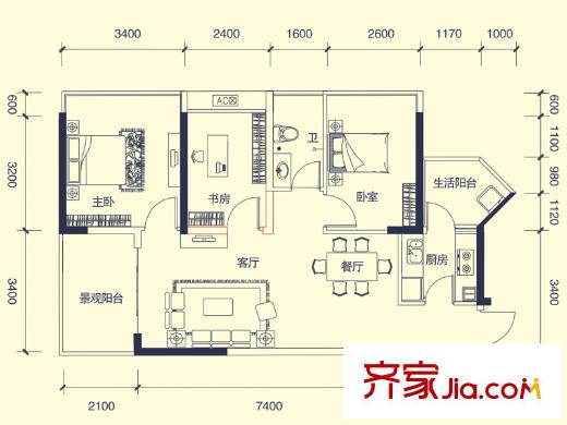 德威朗琴灣10棟、11棟D1戶型 3室2廳1衛(wèi)1廚