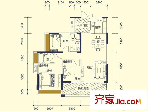 德威朗琴灣5棟、6棟B2戶型 3室2廳2衛(wèi)1廚