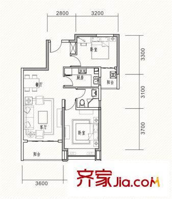 合生上觀國(guó)際五期15-17號(hào)樓A1-B戶型 2室2廳1衛(wèi)1廚