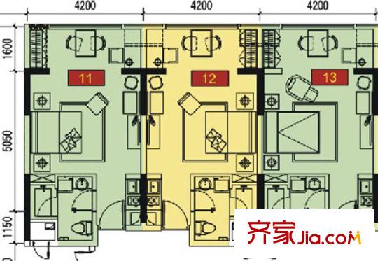 佳兆業(yè)中心一期2座標(biāo)準(zhǔn)層11、12、13號房戶型圖 1室