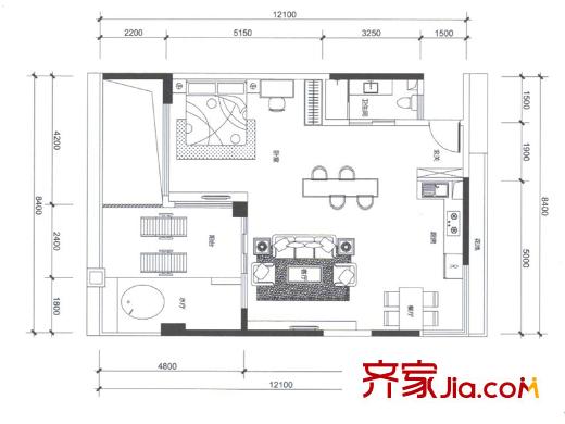 合正東部灣洋房B3戶型 1室2廳1衛(wèi)1廚