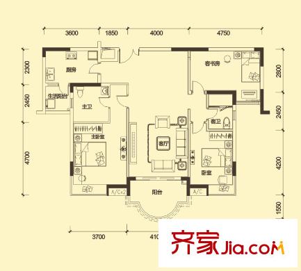 合生上觀國(guó)際二期L系標(biāo)準(zhǔn)層C戶型 3室2廳2衛(wèi)