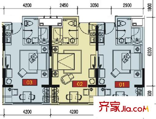佳兆業(yè)中心一期2座標(biāo)準(zhǔn)層1、2、3號房戶型圖 1室1衛(wèi)