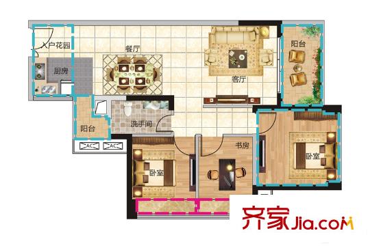 君躍荃新時(shí)代花園1棟2單元C戶型 2室2廳1衛(wèi)1廚
