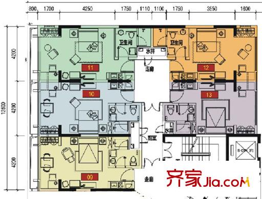 佳兆業(yè)中心一期3座標(biāo)準(zhǔn)層9、10、11、12、13號房戶型圖 1室1廳1衛(wèi)